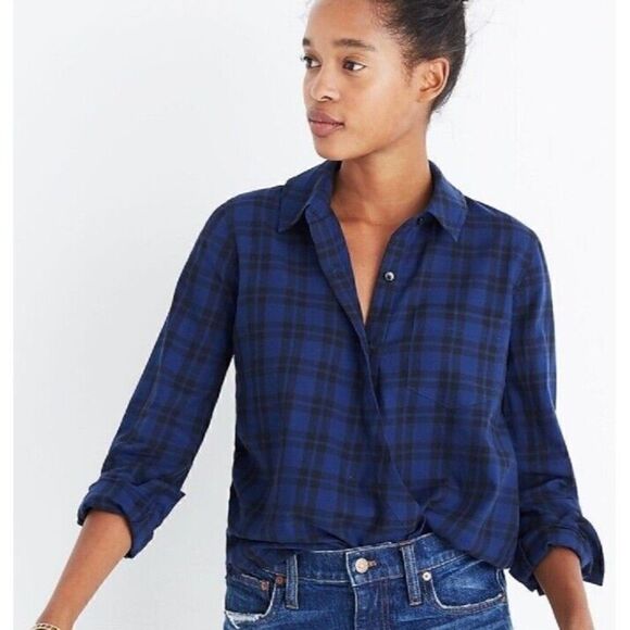 Madewell Wrap Front Plaid Shirt Navy  Long Sleeve Size Medium H3254 - Picture 1 of 8